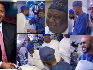 “Rich pikin no get respect” – Reactions as one of the Shittus ridicules billionaire Dangote at Fidau Prayer of automobile tycoon, Lanre Shittu (Video)